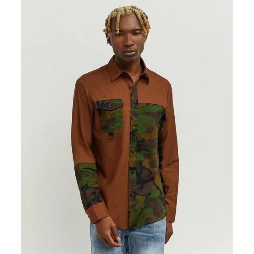Reason Mens Camouflage Accent Brown Long Sleeve Button Down Shirt Sz S